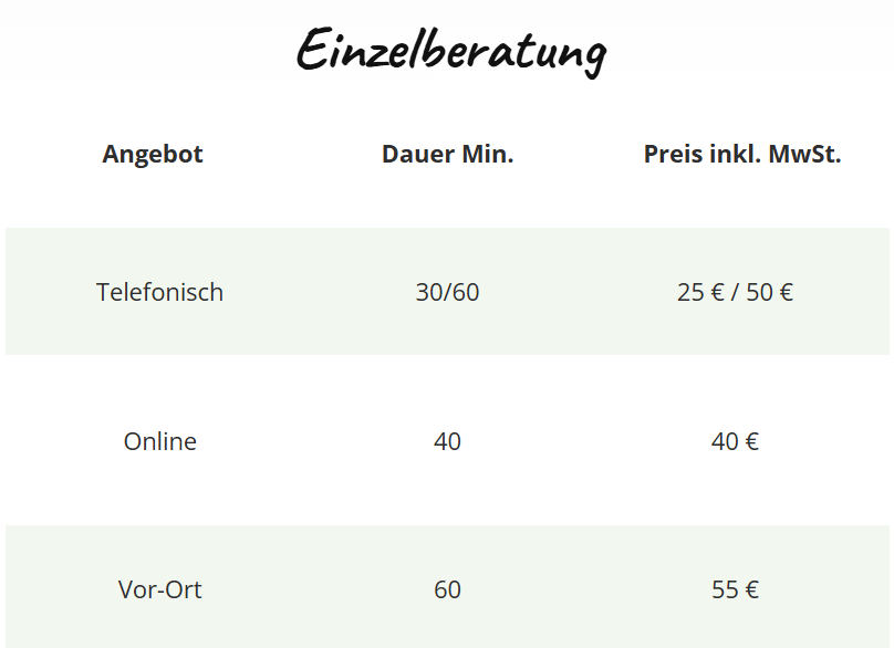 Preise des Beratungsangebotes